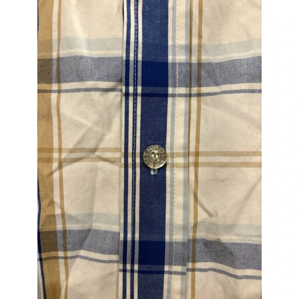South Pole Men's XL Blue Tan Plaid Button Up Shirt Short Sleeve 100% Cotton Y2K